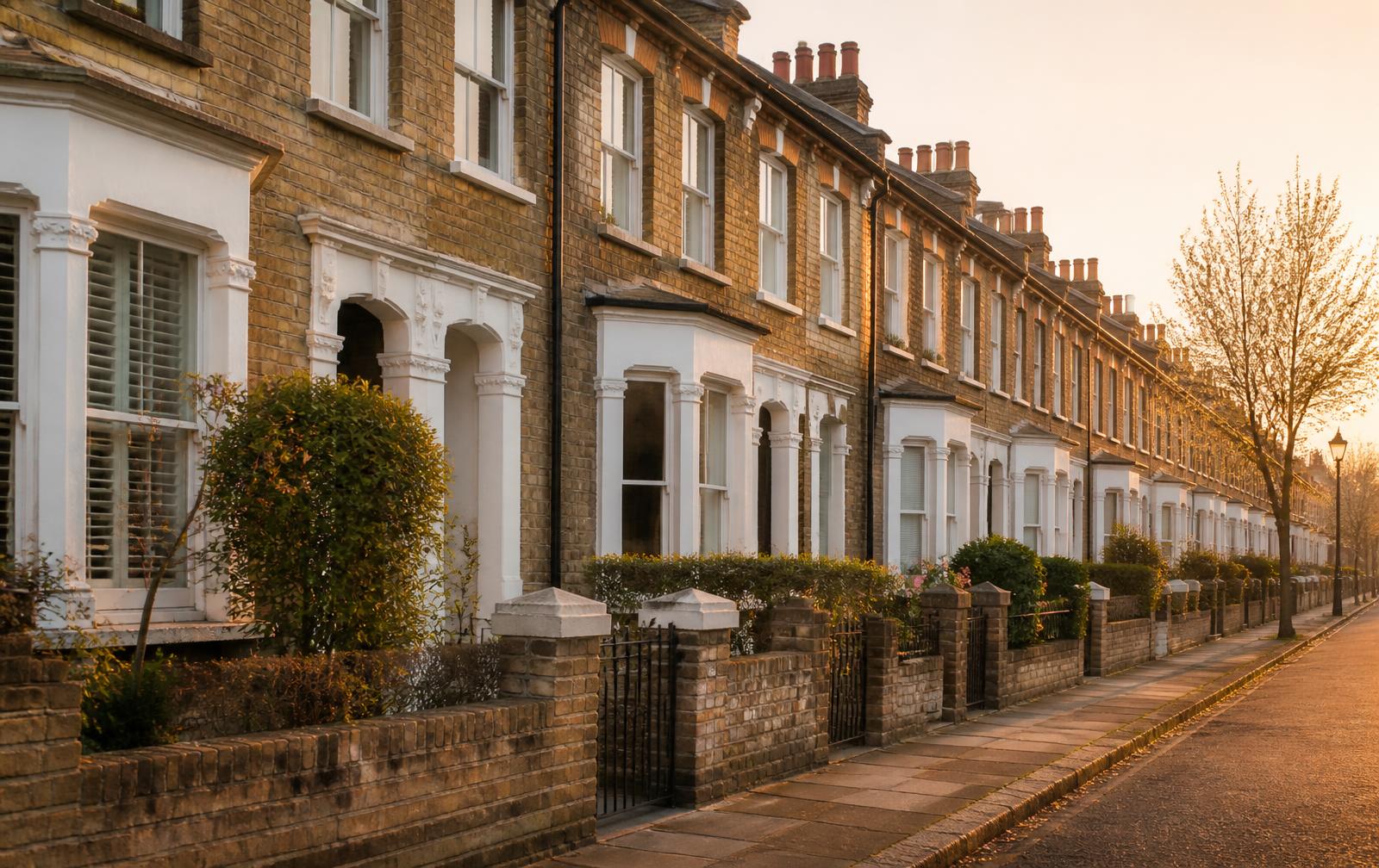 A row of period terraced houses on a quiet British street at sunset